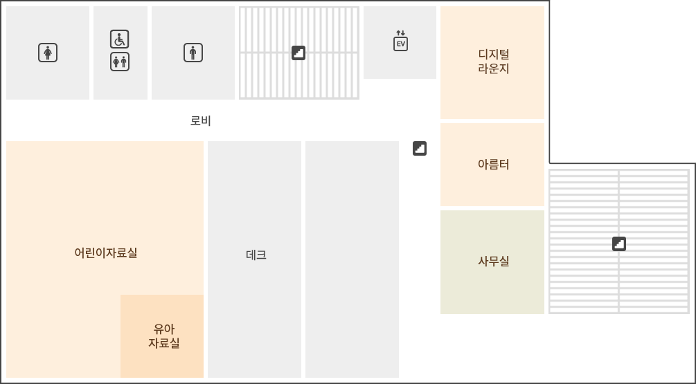 4층은 어린이자료실, 유아자료실, 데크, 사무실, 아름터, 디지털자료실, 남자화장실, 여자화장실, 로비가 있습니다.