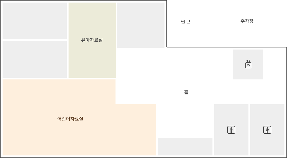 1층은 카페테리아, 어린이자료실, 남자화장실, 여자화장실, 주차장이 있습니다.